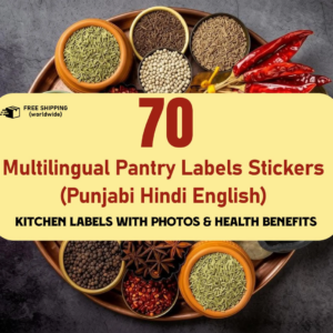 Punjabi Hindi English Pantry Label Stickers Die‑Cut Kitchen Labels with Photos & Health Benefits Indian Grocery Jar stickers.
