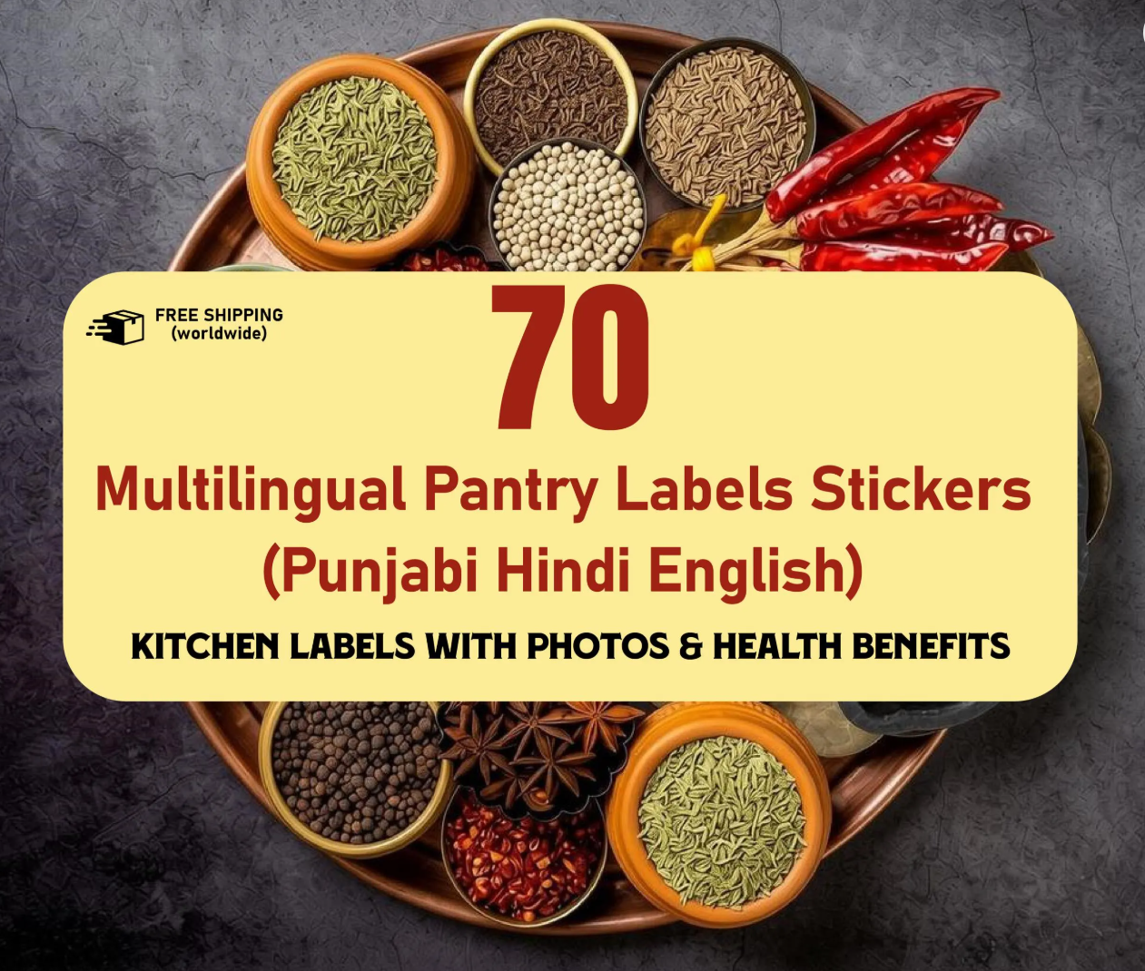 Punjabi Hindi English Pantry Label Stickers Die‑Cut Kitchen Labels with Photos & Health Benefits Indian Grocery Jar stickers.