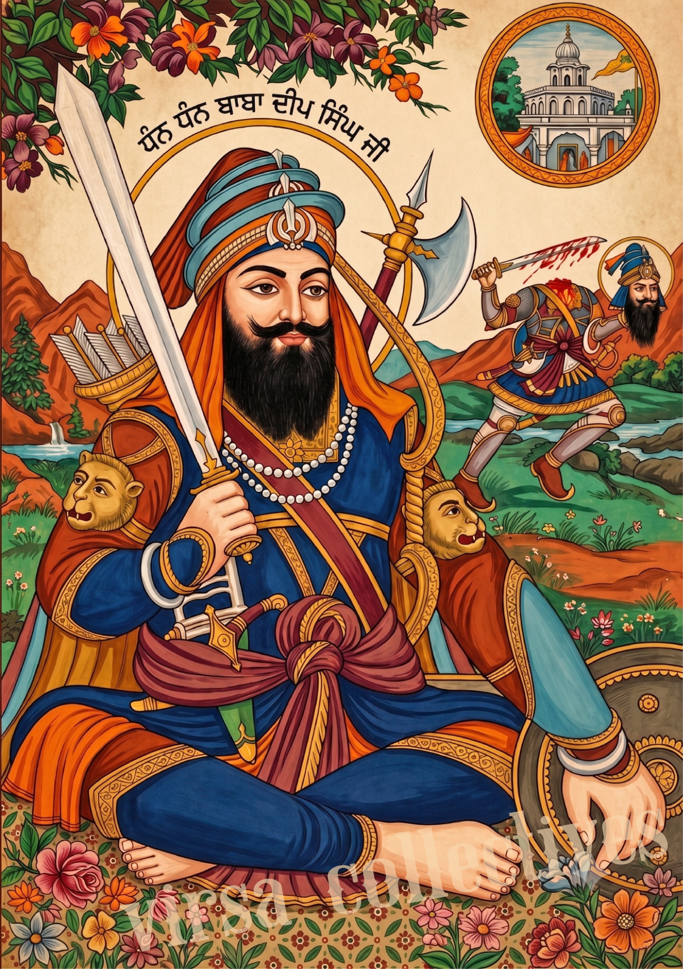 Baba Deep Singh Ji Classical Painting | Sikh Art Print | Hand‑Painted